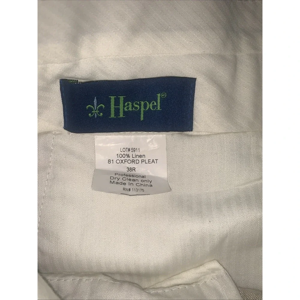 Haspel Linen Pants Oxford Dress Mens 38R Pleated Cuffed Beige Tan Summer Preppy